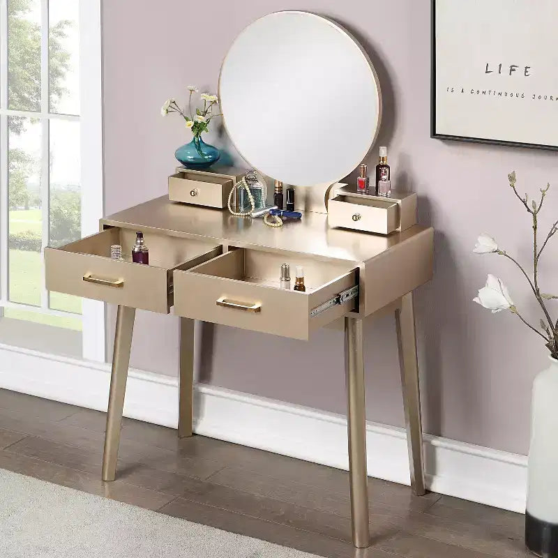 Set toilette e sgabello in legno contemporaneo oro, 2 pezzi, per utente singolo