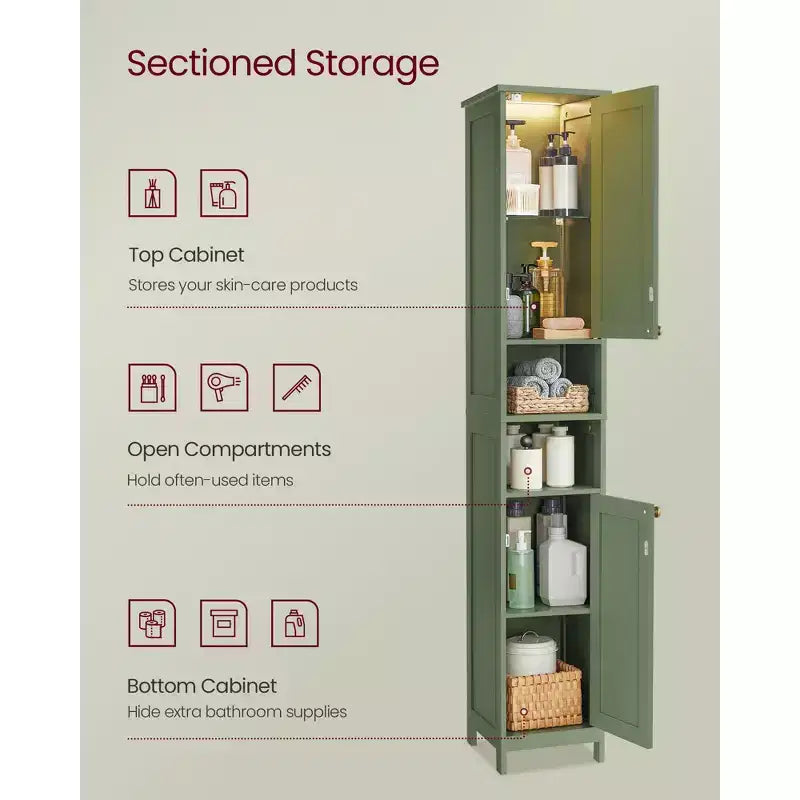 Mobile bagno alto con luci, verde foresta / bianco, 2 ante, montaggio 1 persona
