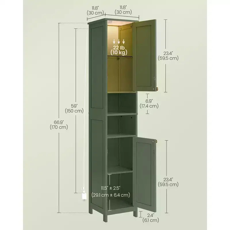 Mobile bagno alto con luci, verde foresta / bianco, 2 ante, montaggio 1 persona
