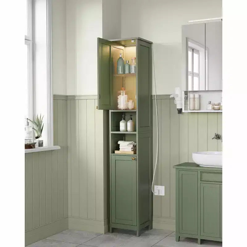 Tall Bathroom Cabinet with Lights, Slim Bathroom Storage Cabinet, Freestanding Narrow Cabinet with Adjustable Shelves, for Small Spaces, Modern